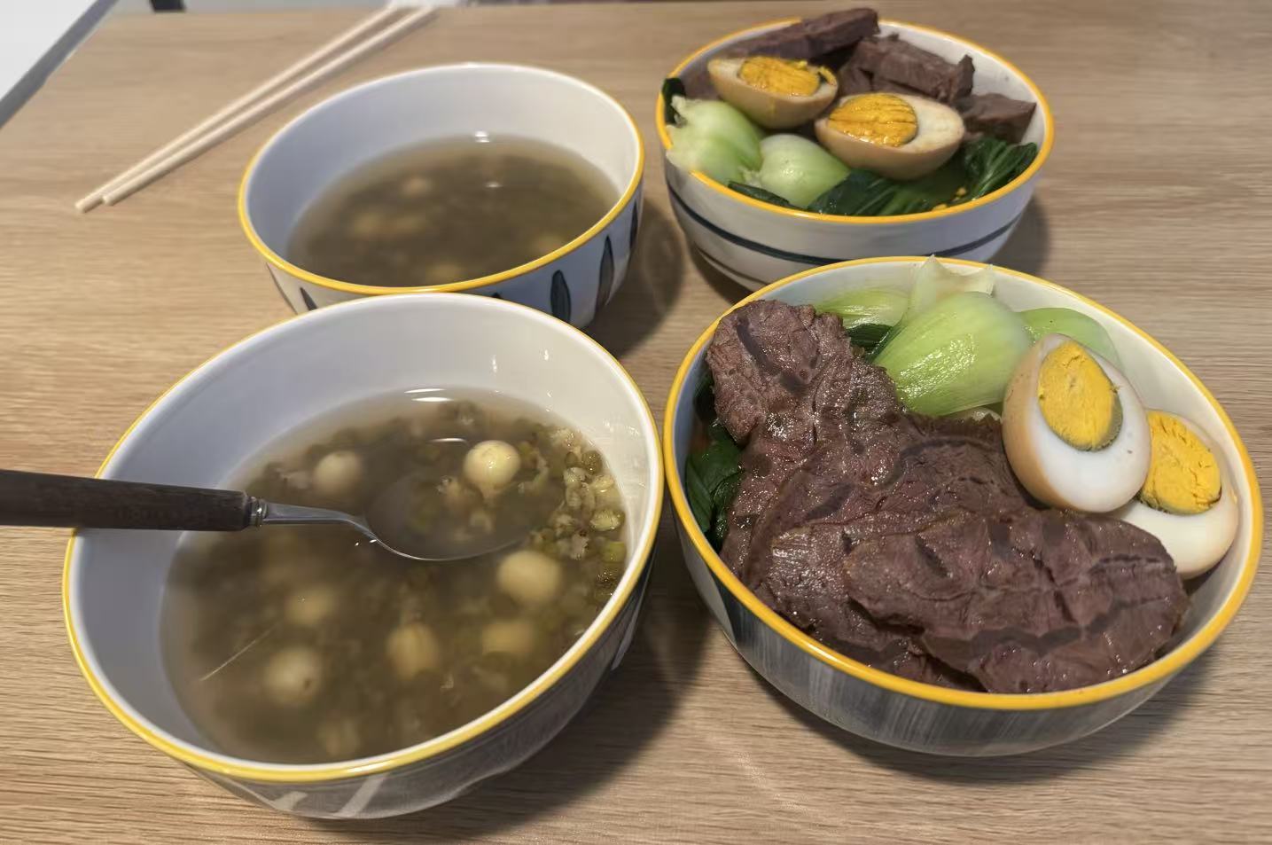 Home-cooked beef, eggs, vegetables, and soup