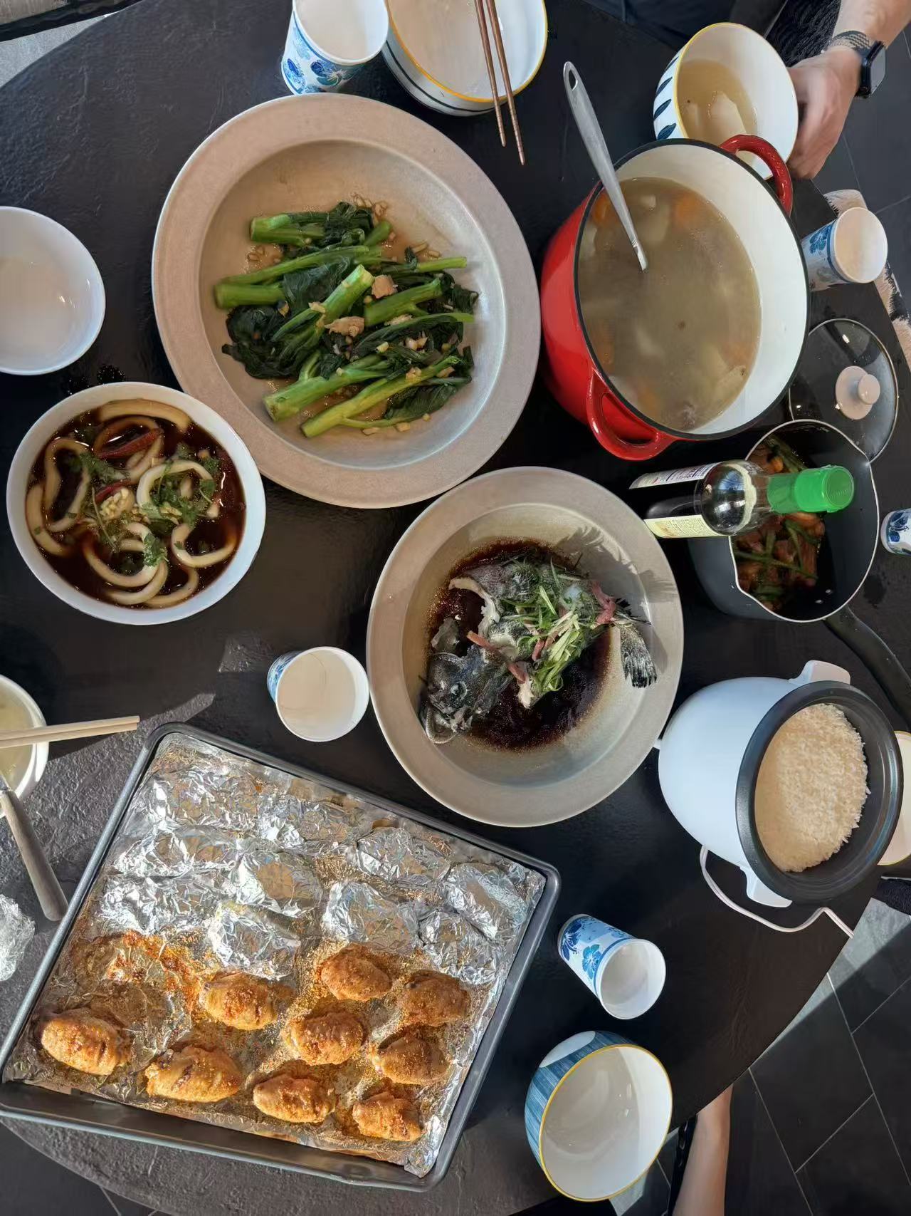 An overhead view of a home-cooked dinner spread