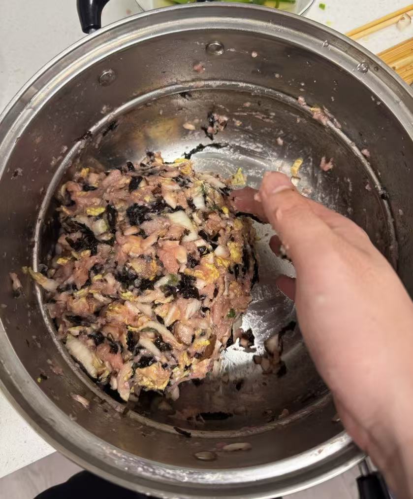 Mixing homemade dumpling filling
