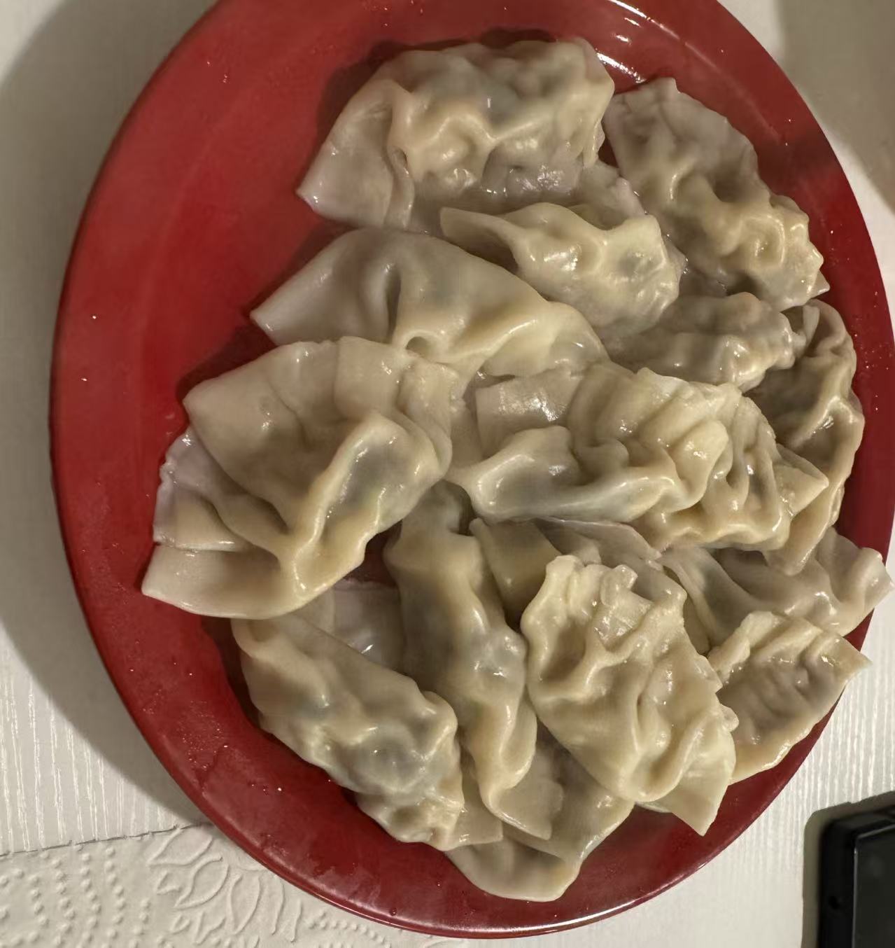 Homemade dumplings on a red plate