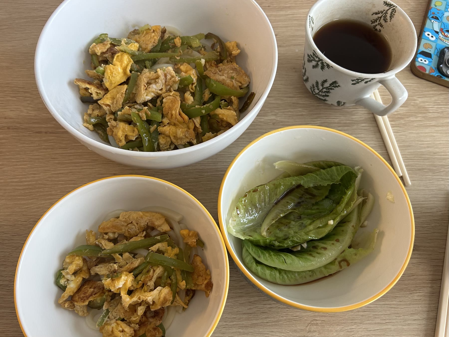 Eggs and peppers with a side of lettuce