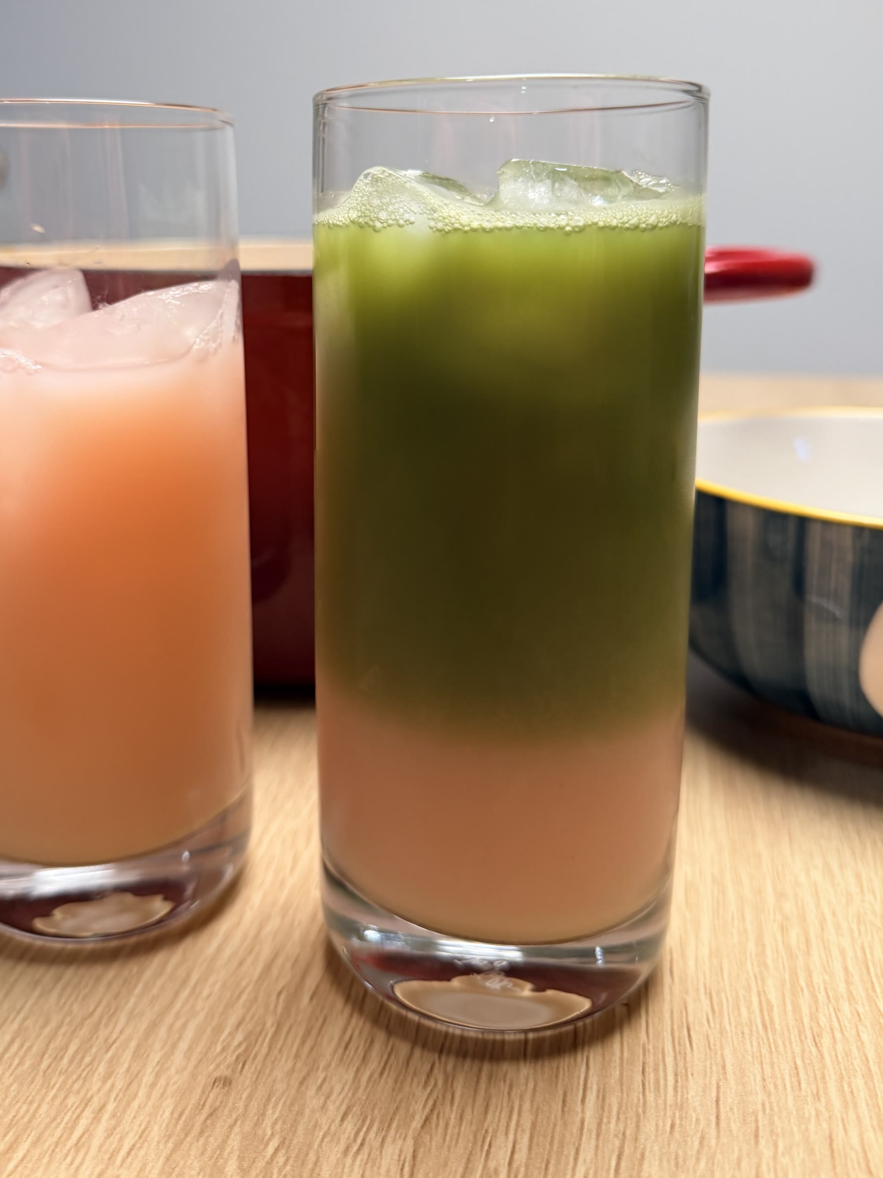 Pink and green layered iced drinks